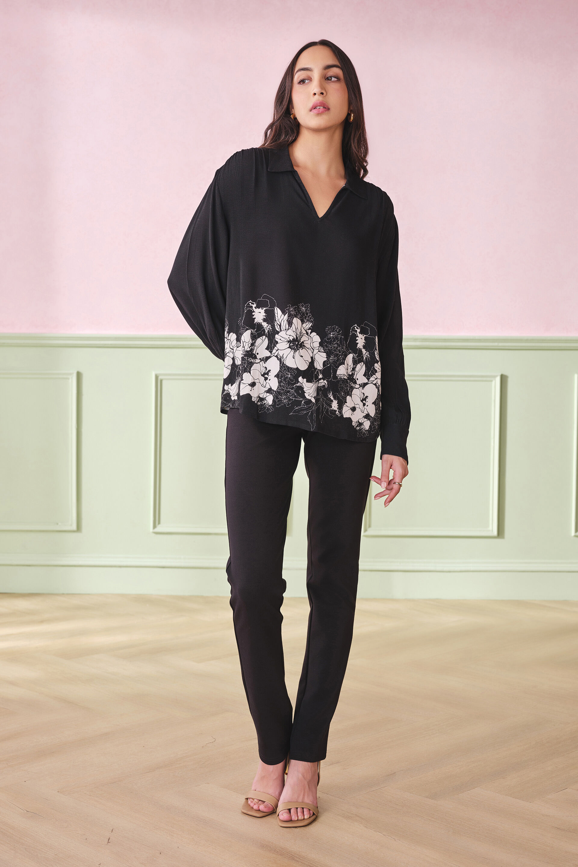 Contrast Garden Viscose Top, Black, image 2